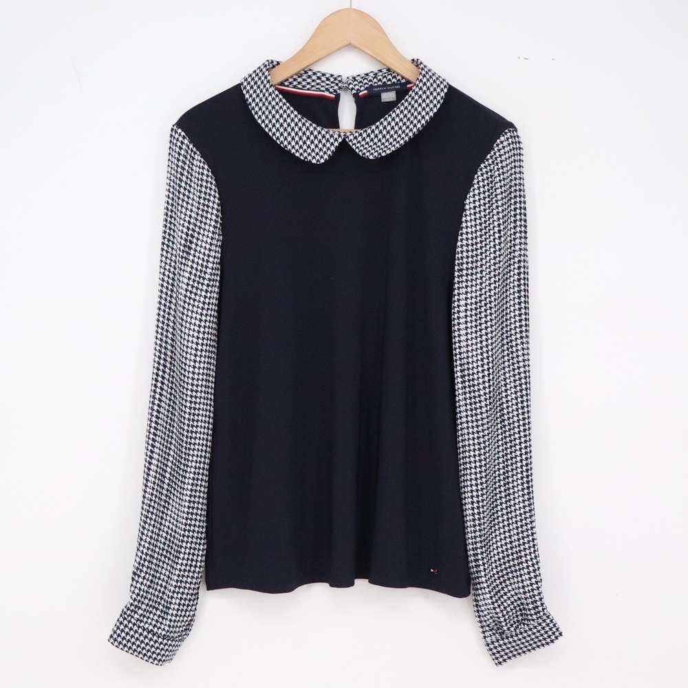 Tommy Hilfiger Top Womens L Navy Houndstooth Peter Pan Collar NEW
